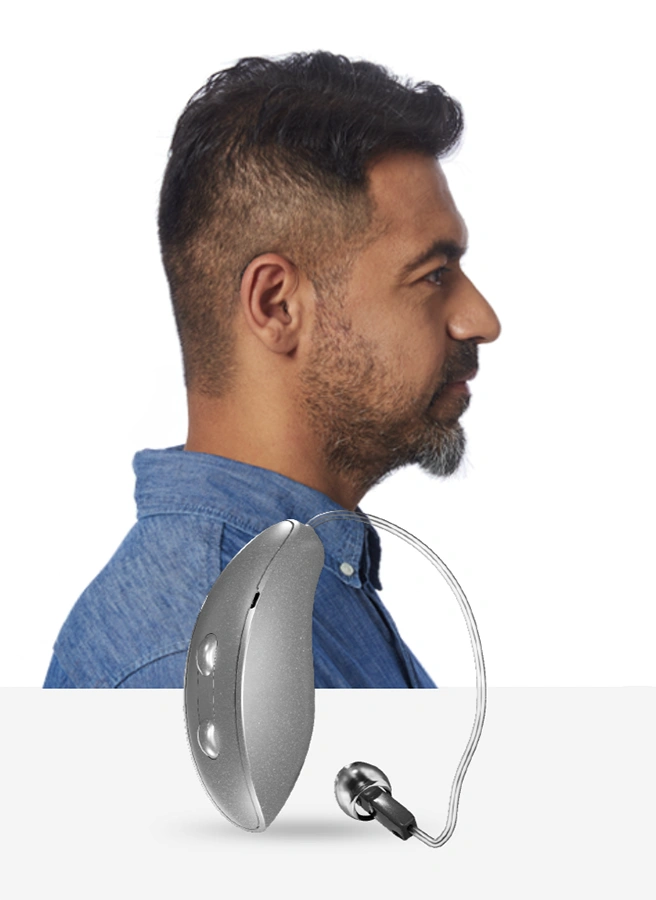 Side profile of a man wearing Receiver-in-Canal (RIC) hearing aids, discreet hearing aids